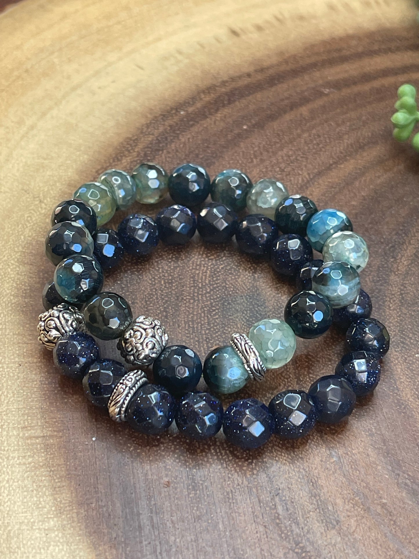 Blue Green Moss Agate Bracelet Set